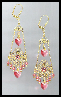 Swarovski Coral Sunset Heart Filigree Earrings