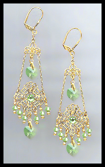 Swarovski Peridot Green Heart Chandelier Earrings