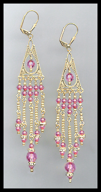Long Rose Pink Crystal Chandelier Earrings