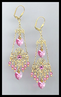 Swarovski Rose Pink Heart Filigree Earrings