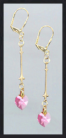 Gold Rose Pink Swarovski Crystal Heart Earrings
