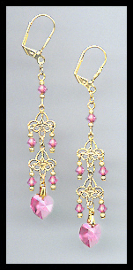 Rose Pink Crystal Heart Dangle Earrings