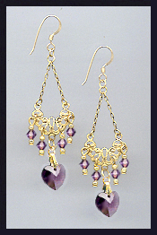 Amethyst Purple Crystal Heart Earrings