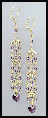 4" Amethyst Purple Crystal Heart Earrings Earrings