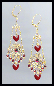 Swarovski Ruby Red Heart Filigree Earrings