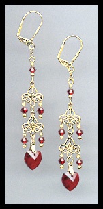 Ruby Red Crystal Heart Dangle Earrings