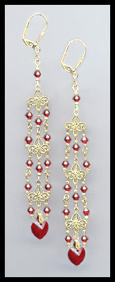 Ruby Red Crystal Heart Chandelier Earrings