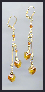 Gold Amber Topaz Double Crystal Heart Earrings