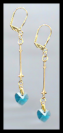 Gold Teal Blue Swarovski Crystal Heart Earrings