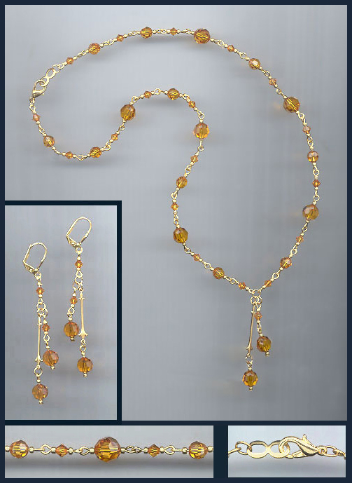 Swarovski Amber Topaz  Crystal Drop Necklace Set