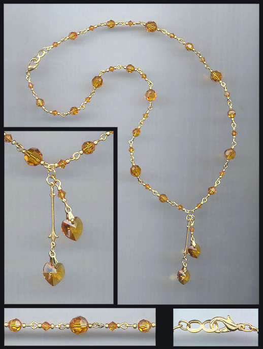Amber Topaz  Double Crystal Heart Necklace