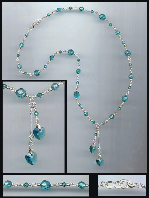 Teal Blue Double Crystal Heart Necklace
