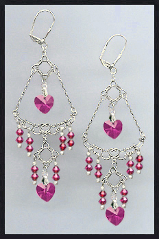 Fuchsia Pink Heart Chandelier Earrings