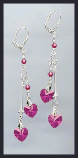 Fuchsia Pink Crystal Heart Drop Earrings
