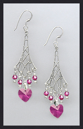 Fuchsia Pink Filigree Heart Earrings
