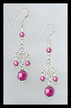Silver Filigree and Fuchsia Pink Crystal Earrings