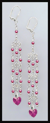 Fuchsia Pink Crystal Heart Chandelier Earrings