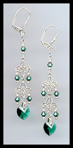 Emerald Green Crystal Heart Dangle Earrings