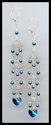 Midnight Blue Crystal Heart Chandelier Earrings