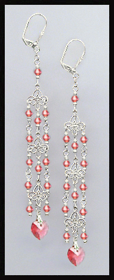 4" Coral Sunset Crystal Heart Earrings Earrings