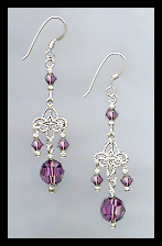 Silver Filigree and Amethyst Purple Crystal Earrings