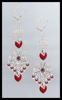 Swarovski Ruby Red Heart Filigree Earrings