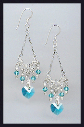 Swarovski Teal Blue Crystal Heart Earrings